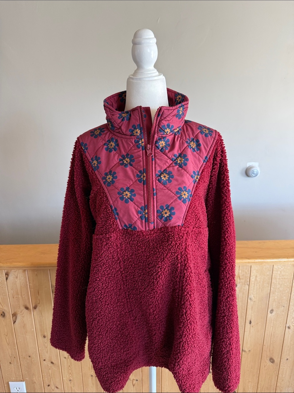 Vera Bradley Burgundy Fleece Pullover with Quilted Floral Yoke